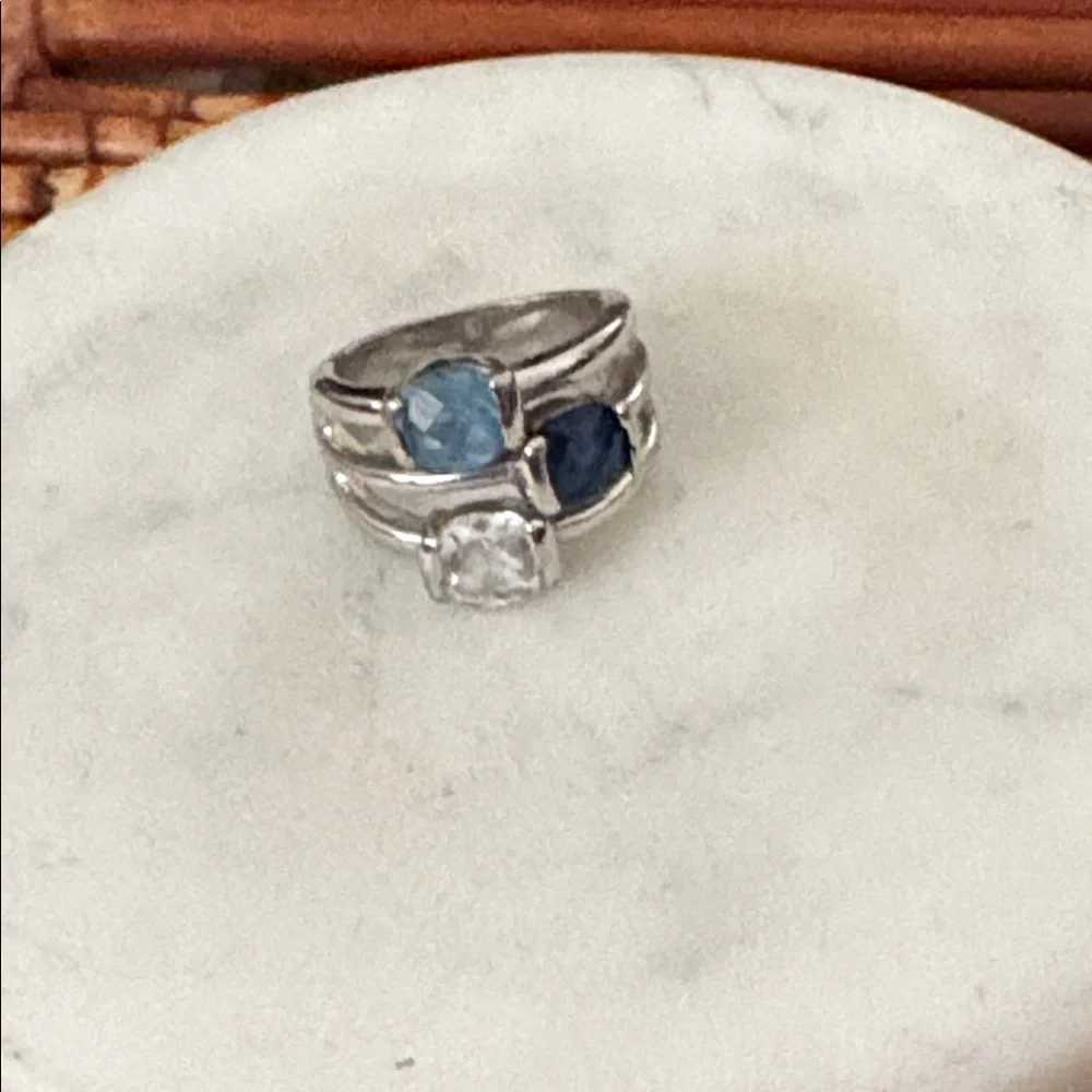 Lia Sophia Silver Ring with Aqua and Navy Stones Size 6
